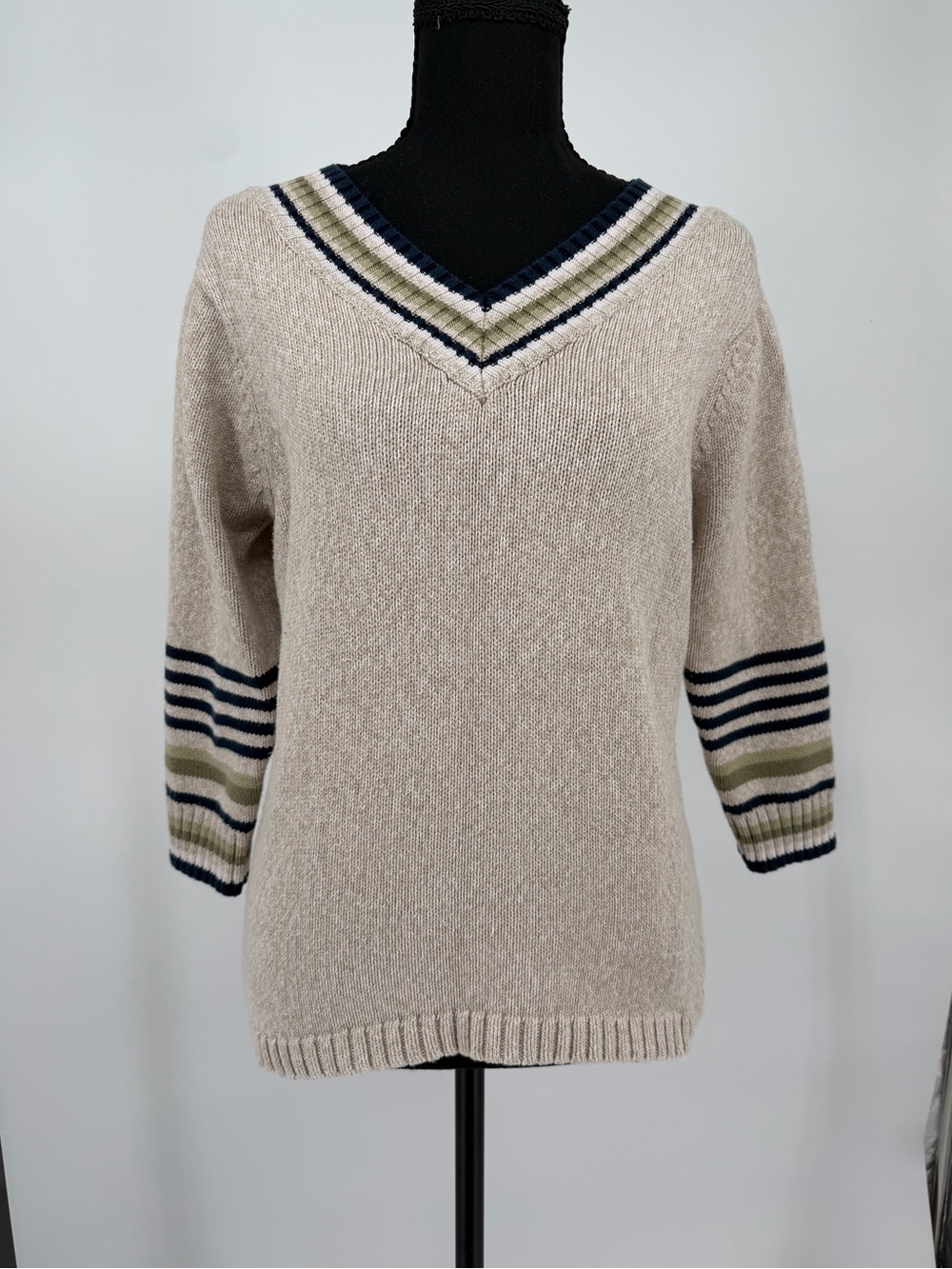 Christopher & Banks varsity stripe beige sweater cotton with V‎ neck preppy